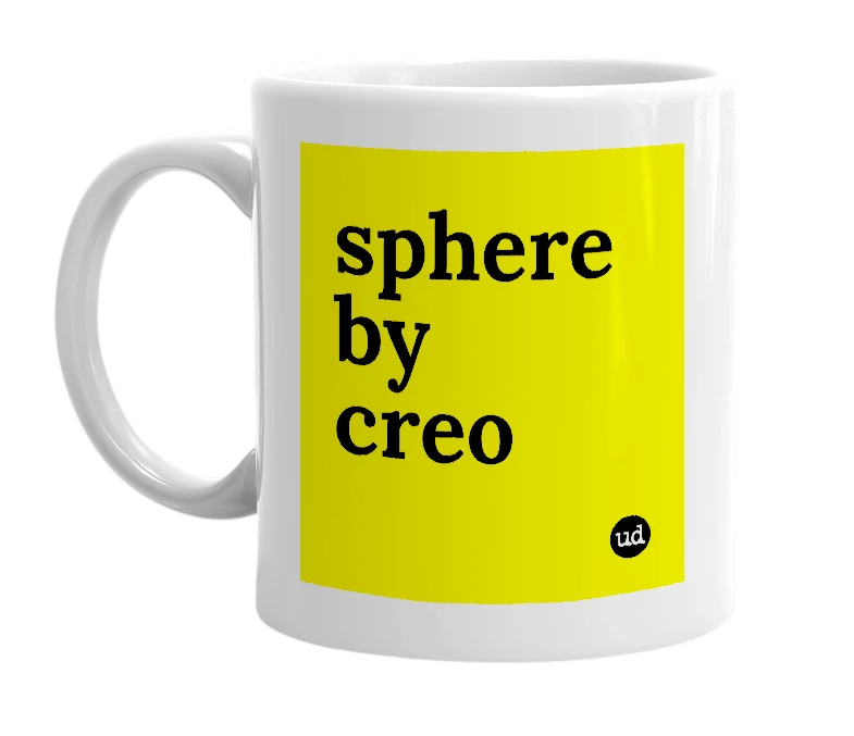 White mug with 'sphere by creo' in bold black letters