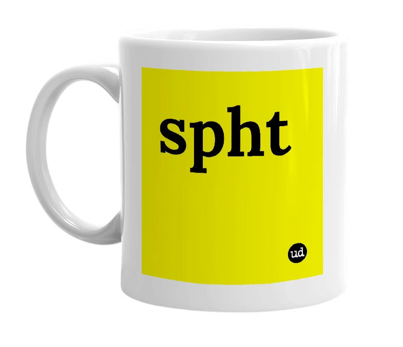 White mug with 'spht' in bold black letters