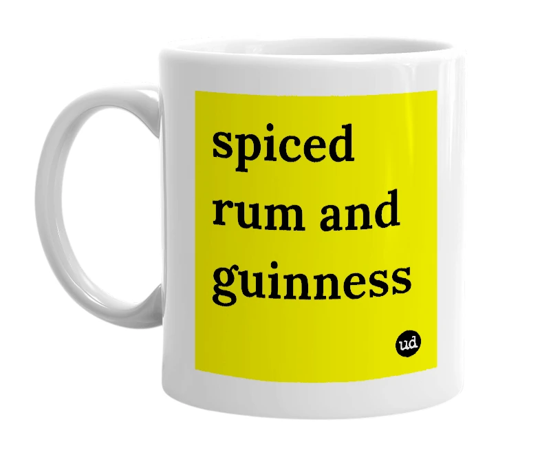 White mug with 'spiced rum and guinness' in bold black letters