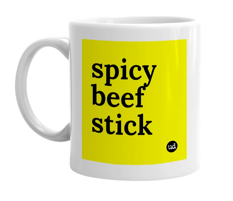 White mug with 'spicy beef stick' in bold black letters