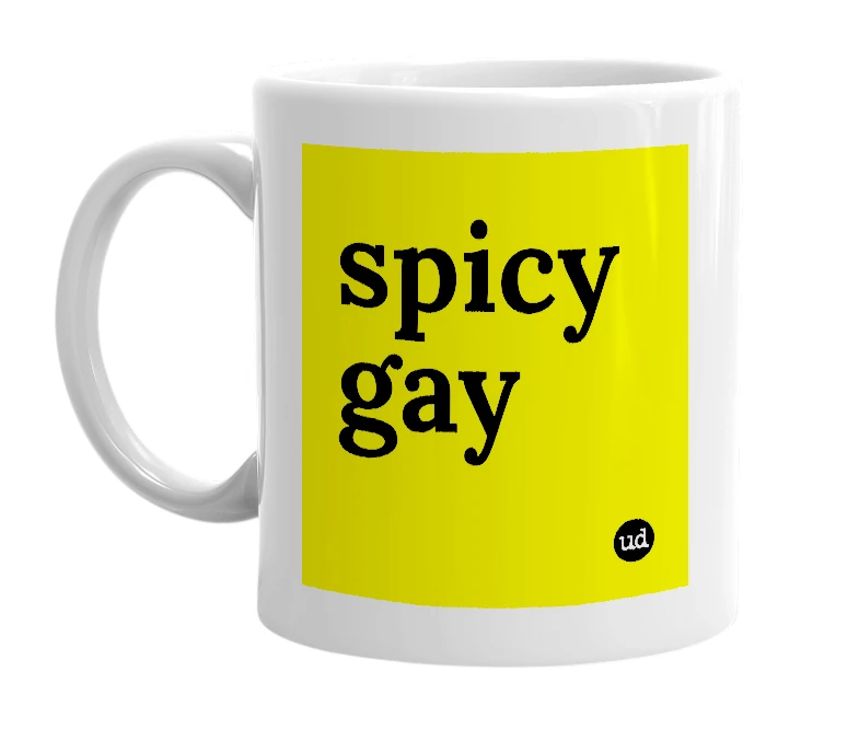 White mug with 'spicy gay' in bold black letters