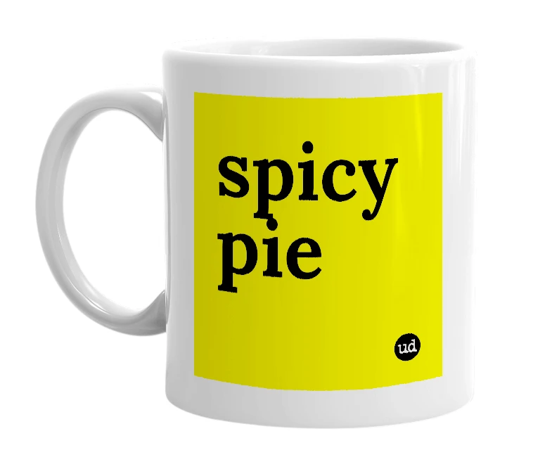 White mug with 'spicy pie' in bold black letters