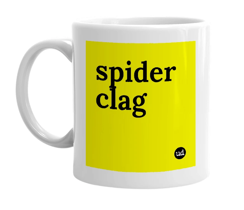 White mug with 'spider clag' in bold black letters
