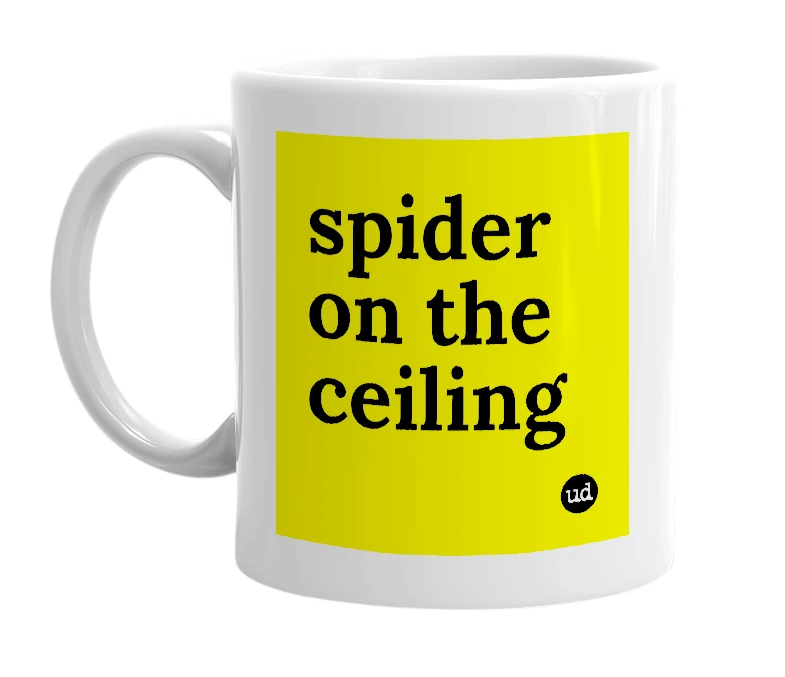 White mug with 'spider on the ceiling' in bold black letters