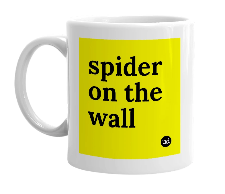 White mug with 'spider on the wall' in bold black letters