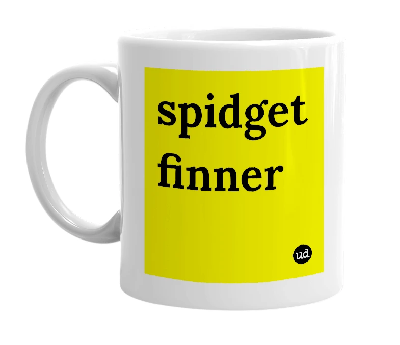White mug with 'spidget finner' in bold black letters