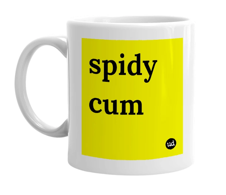 White mug with 'spidy cum' in bold black letters
