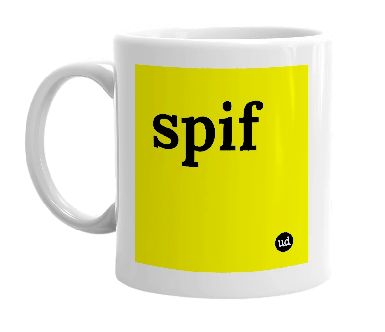 White mug with 'spif' in bold black letters