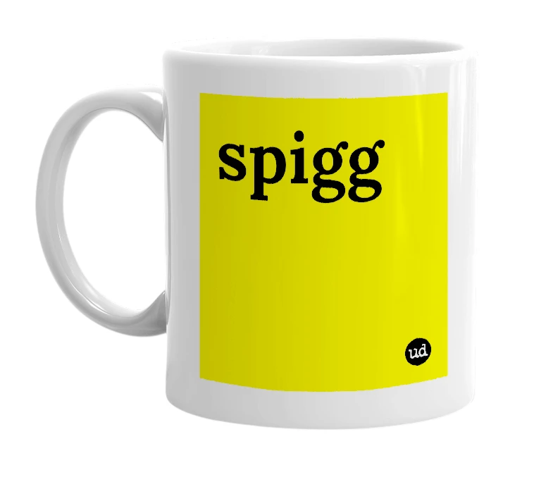 White mug with 'spigg' in bold black letters