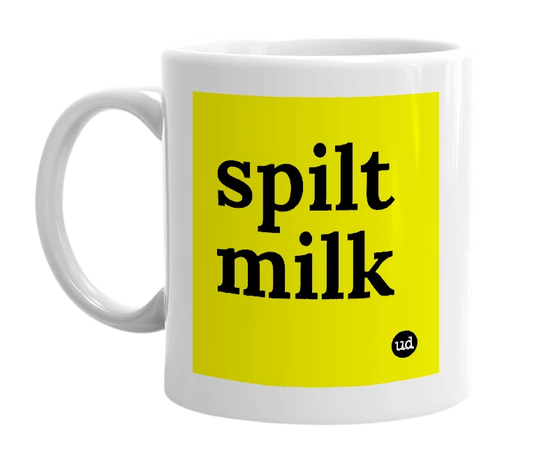 White mug with 'spilt milk' in bold black letters