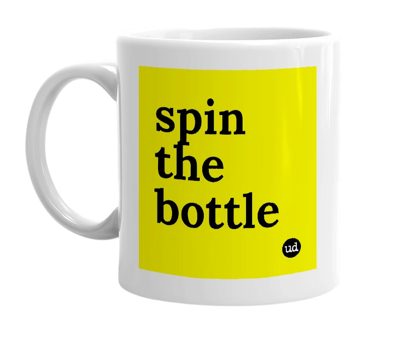 White mug with 'spin the bottle' in bold black letters