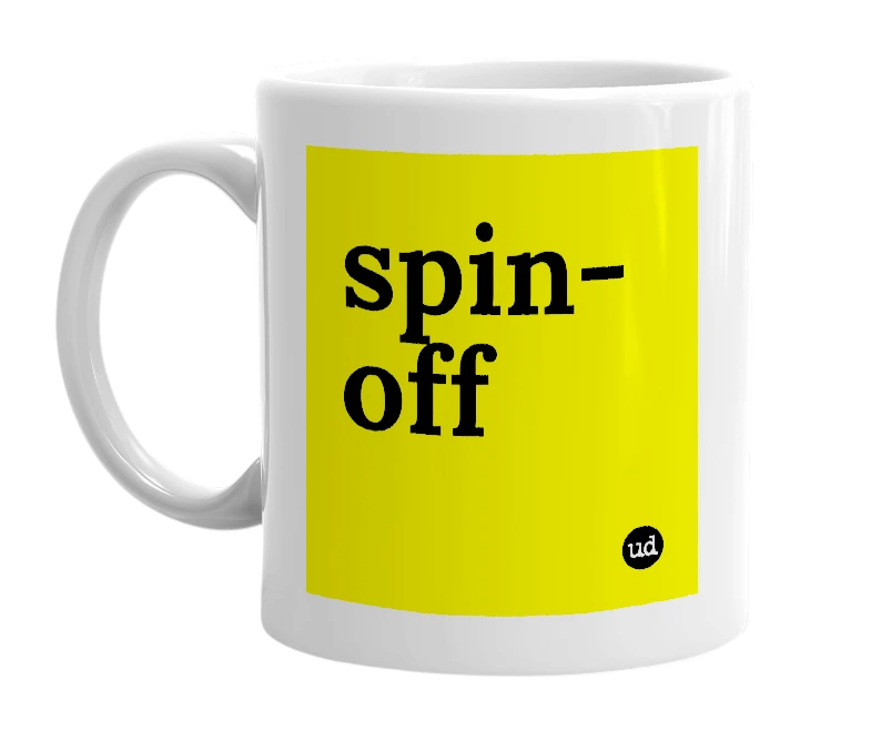 White mug with 'spin-off' in bold black letters