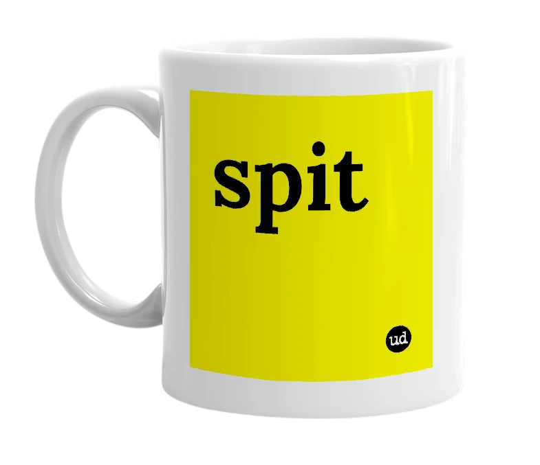 White mug with 'spit' in bold black letters