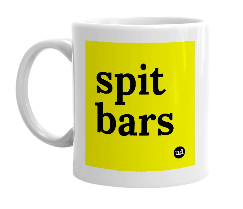 White mug with 'spit bars' in bold black letters