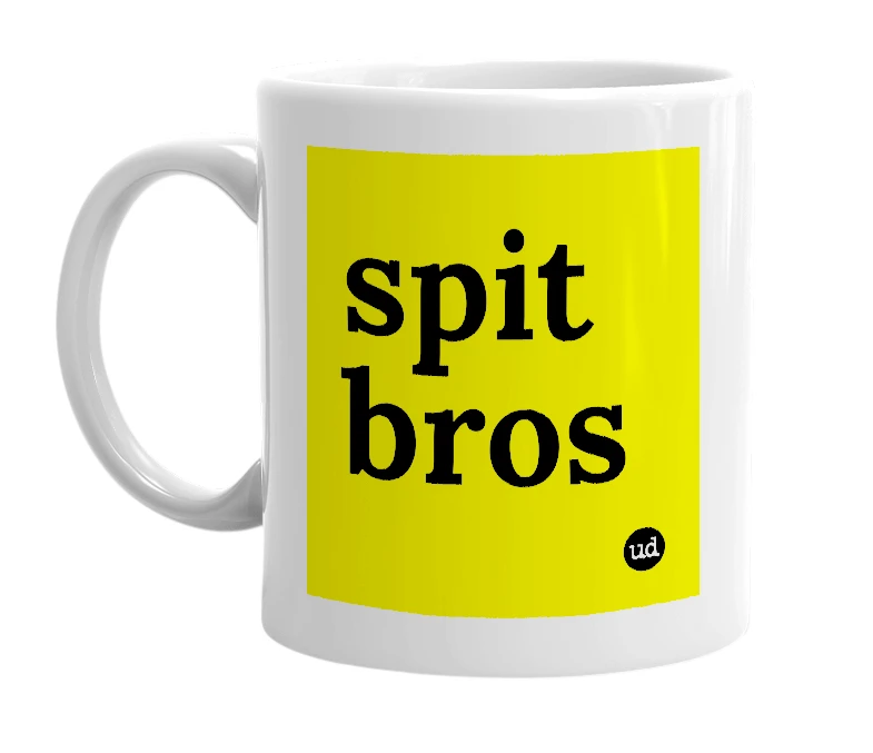 White mug with 'spit bros' in bold black letters