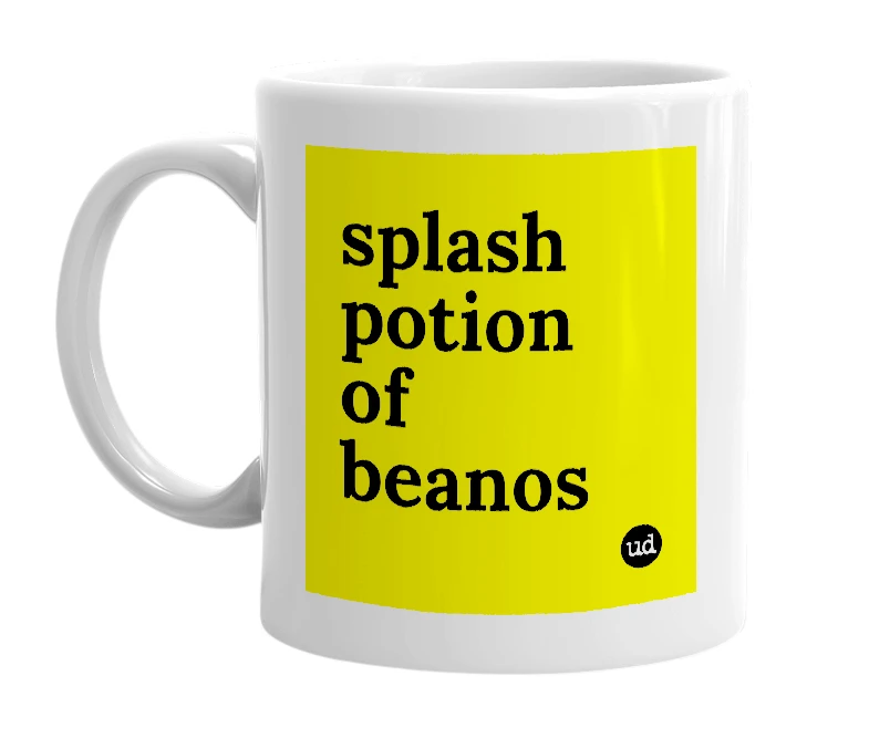 White mug with 'splash potion of beanos' in bold black letters