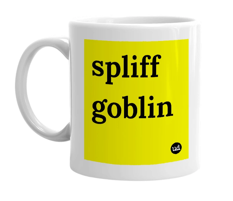 White mug with 'spliff goblin' in bold black letters