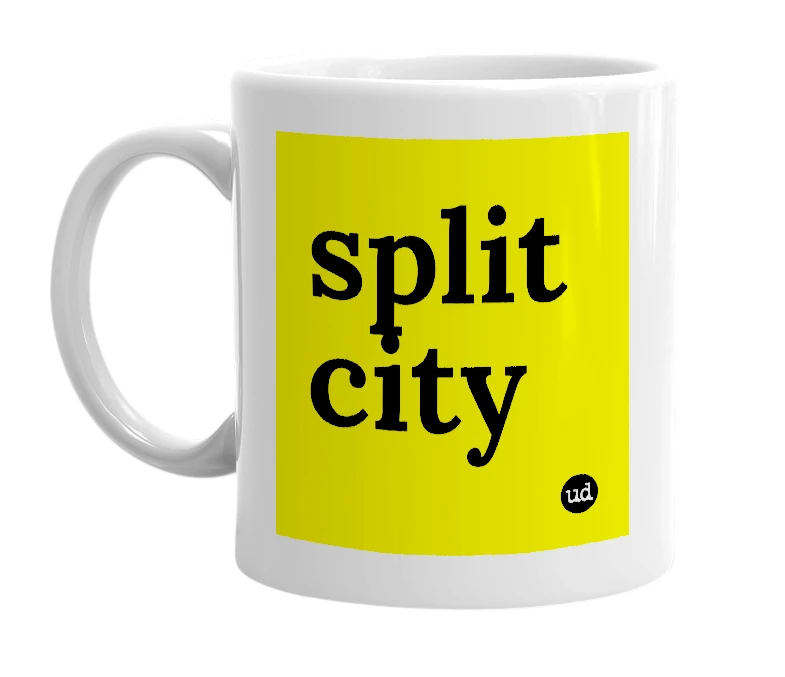 White mug with 'split city' in bold black letters