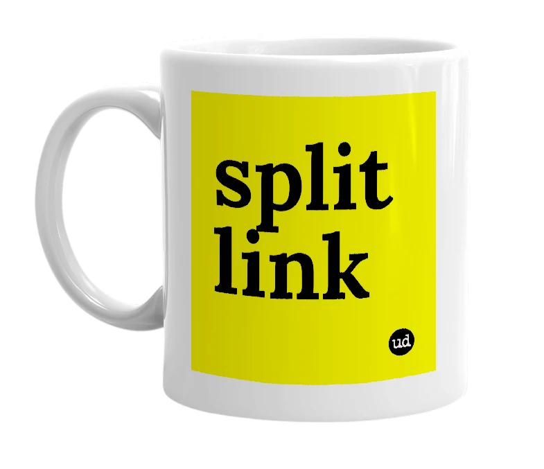 White mug with 'split link' in bold black letters