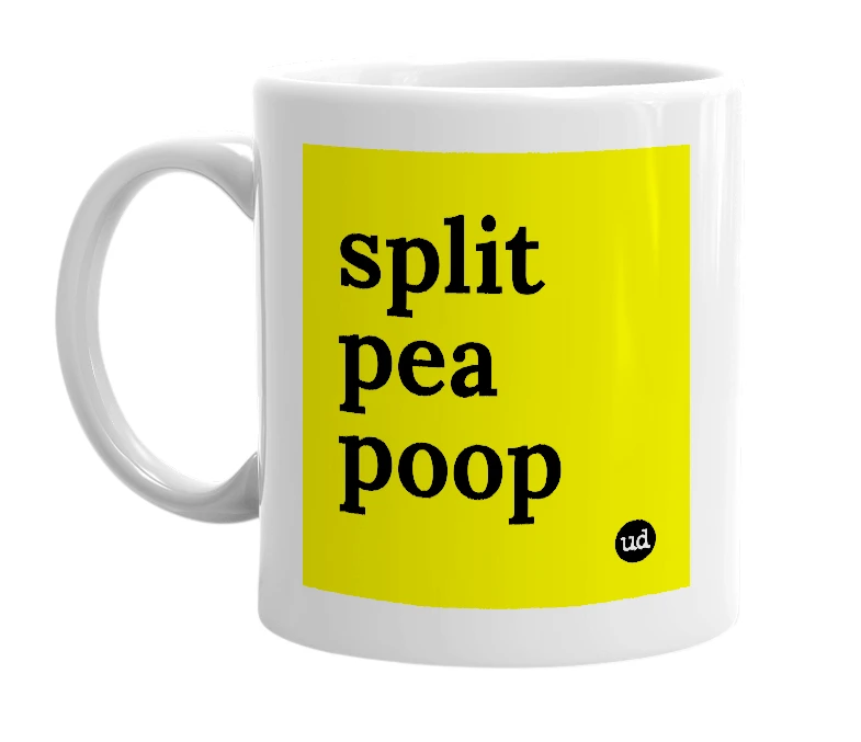 White mug with 'split pea poop' in bold black letters