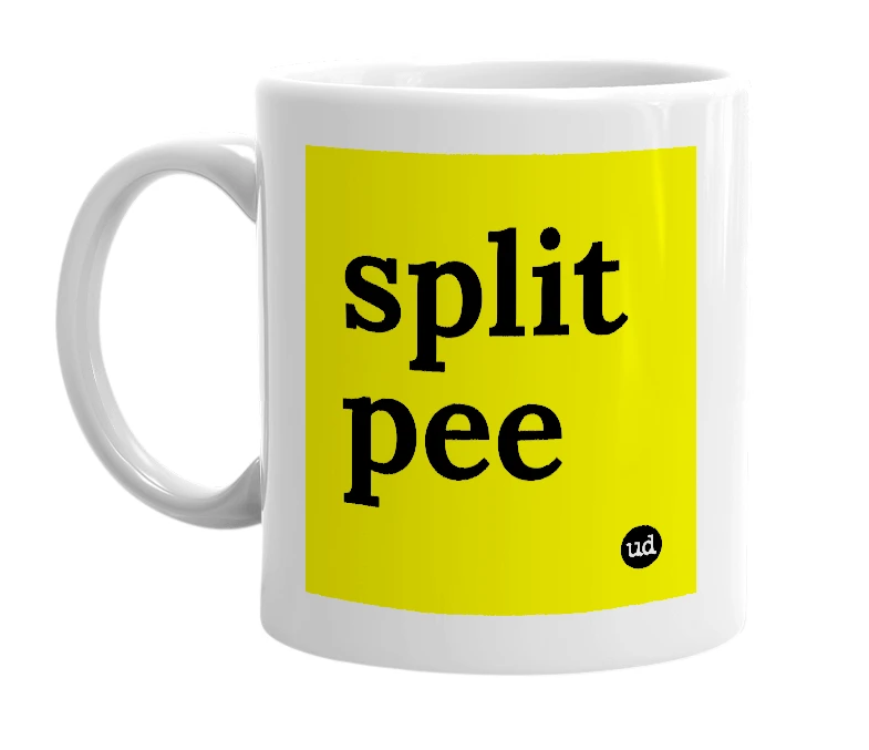 White mug with 'split pee' in bold black letters