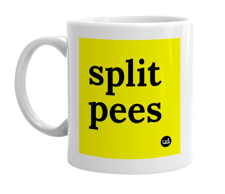 White mug with 'split pees' in bold black letters