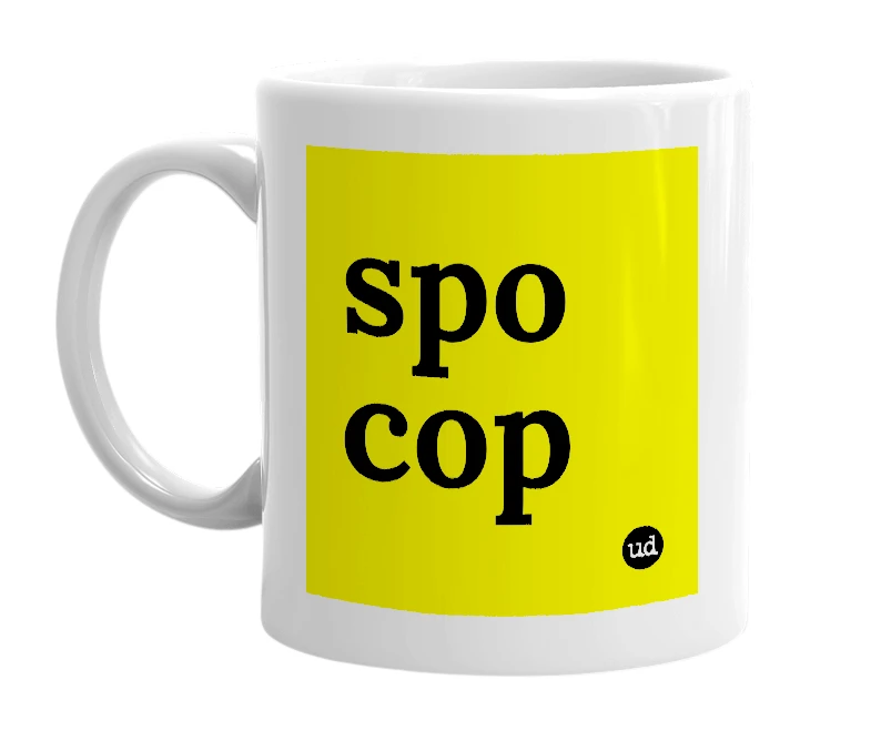 White mug with 'spo cop' in bold black letters