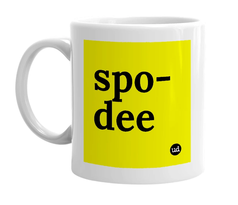 White mug with 'spo-dee' in bold black letters