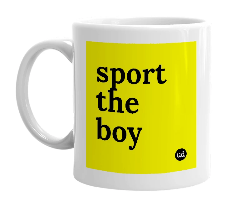 White mug with 'sport the boy' in bold black letters
