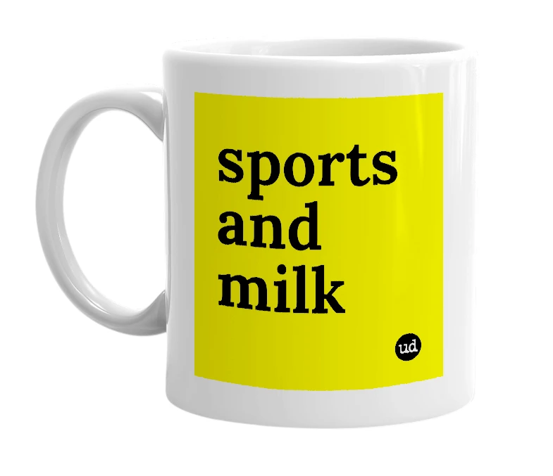 White mug with 'sports and milk' in bold black letters