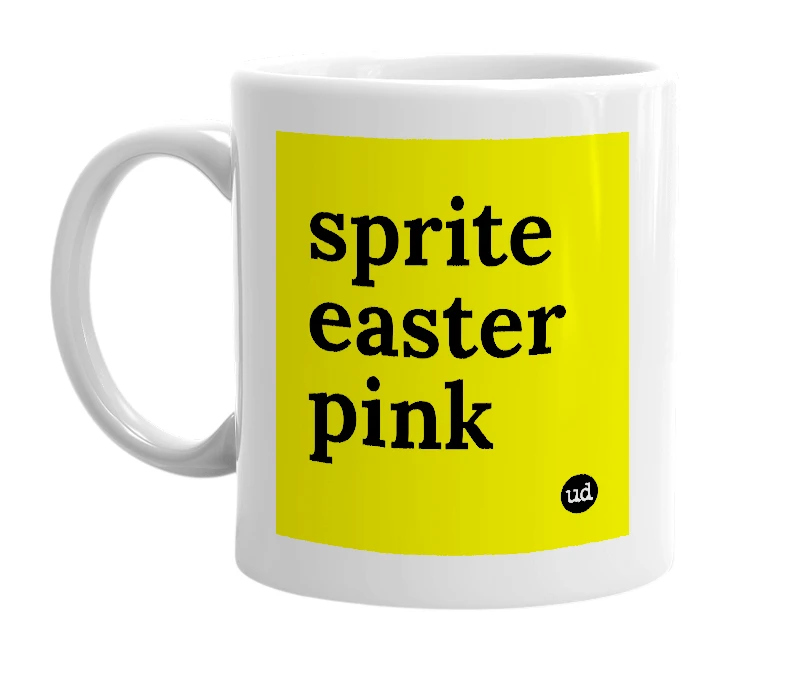 White mug with 'sprite easter pink' in bold black letters