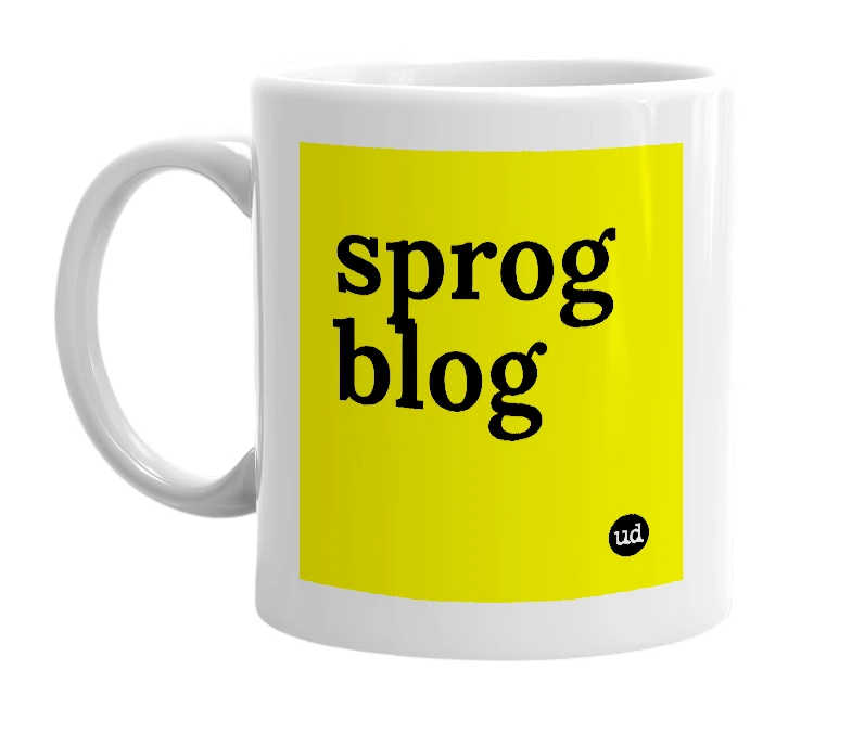 White mug with 'sprog blog' in bold black letters