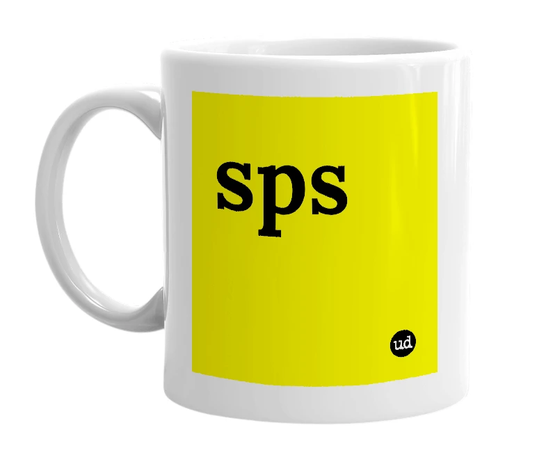 White mug with 'sps' in bold black letters