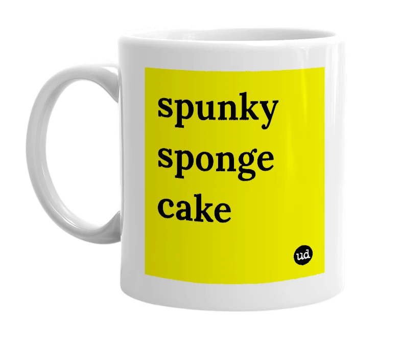 White mug with 'spunky sponge cake' in bold black letters
