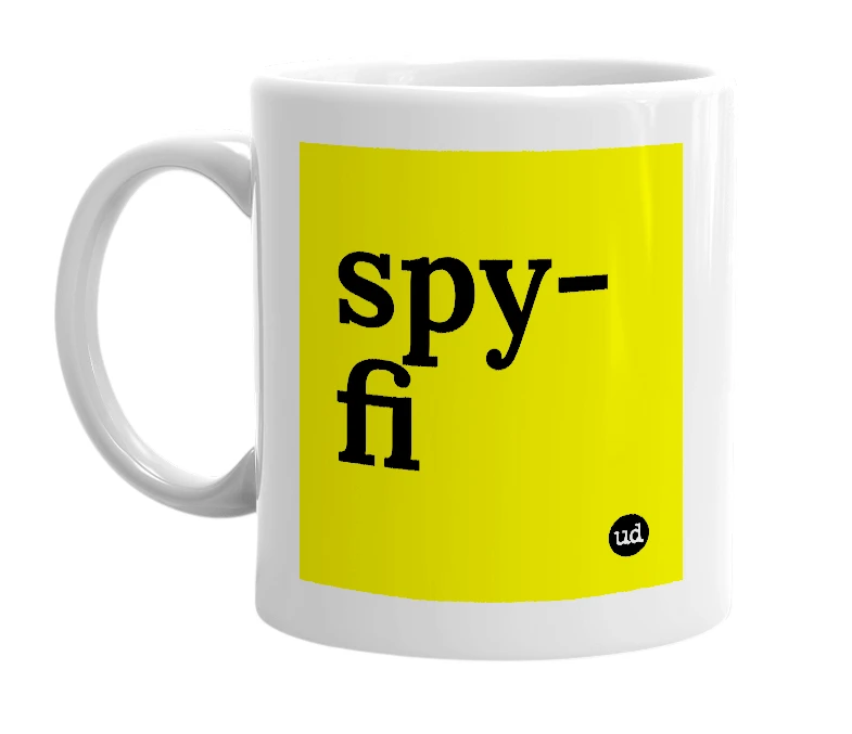 White mug with 'spy-fi' in bold black letters