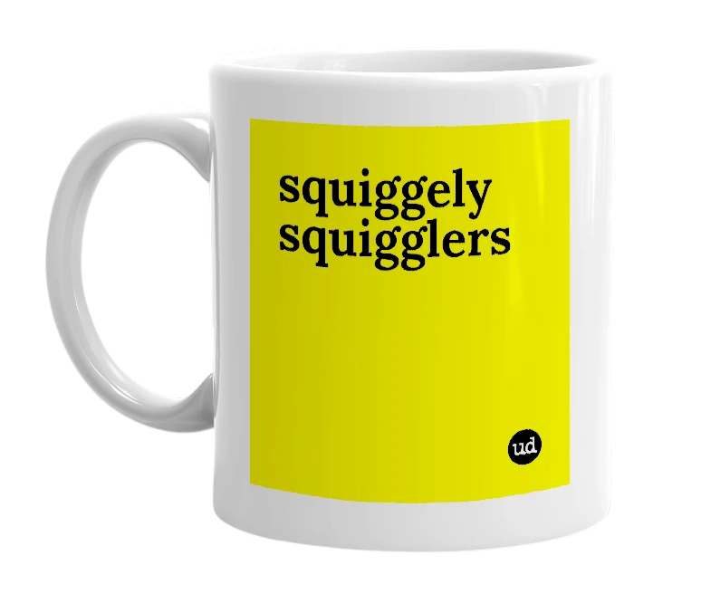 White mug with 'squiggely squigglers' in bold black letters