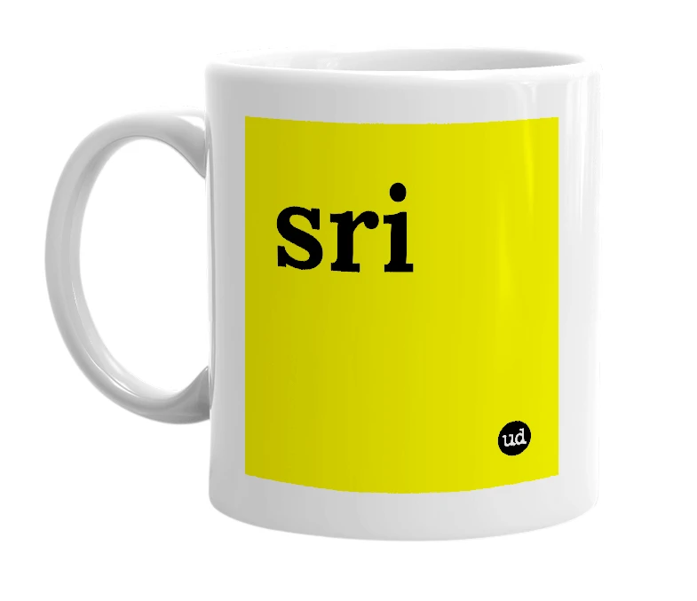 White mug with 'sri' in bold black letters