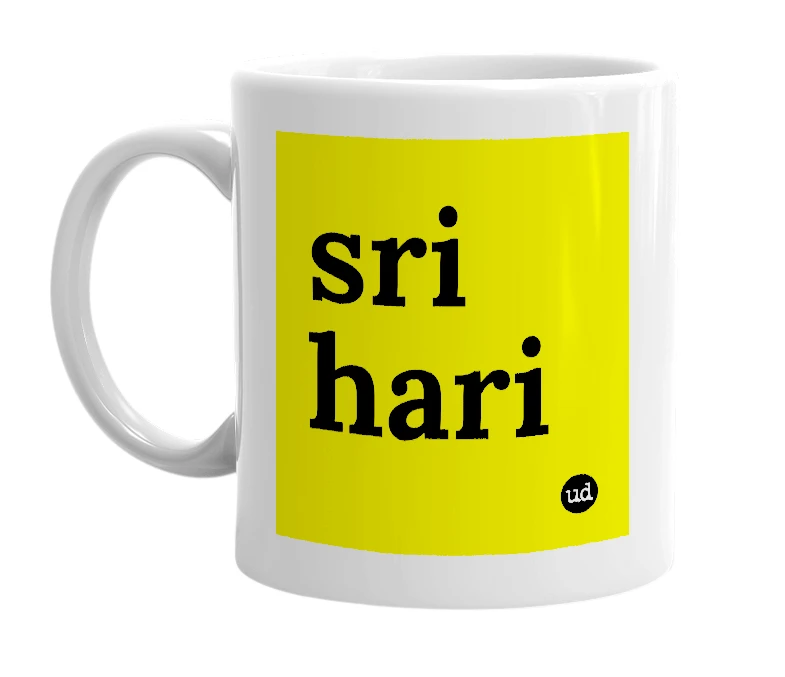 White mug with 'sri hari' in bold black letters