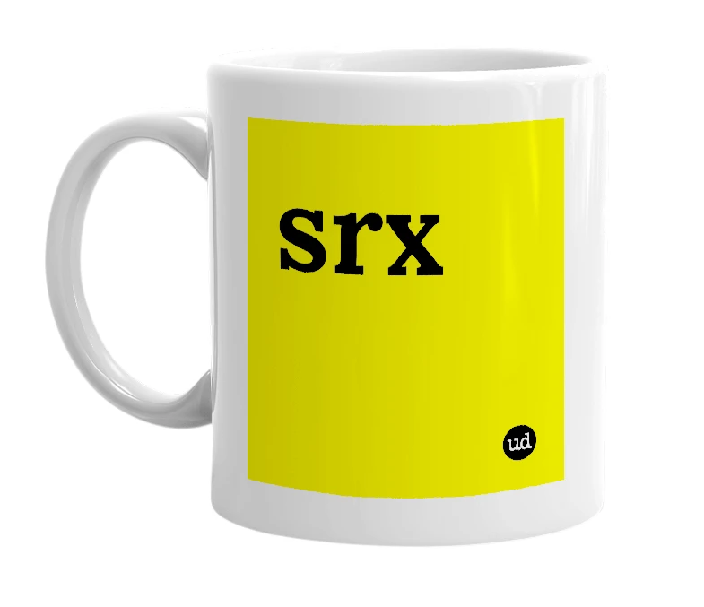 White mug with 'srx' in bold black letters