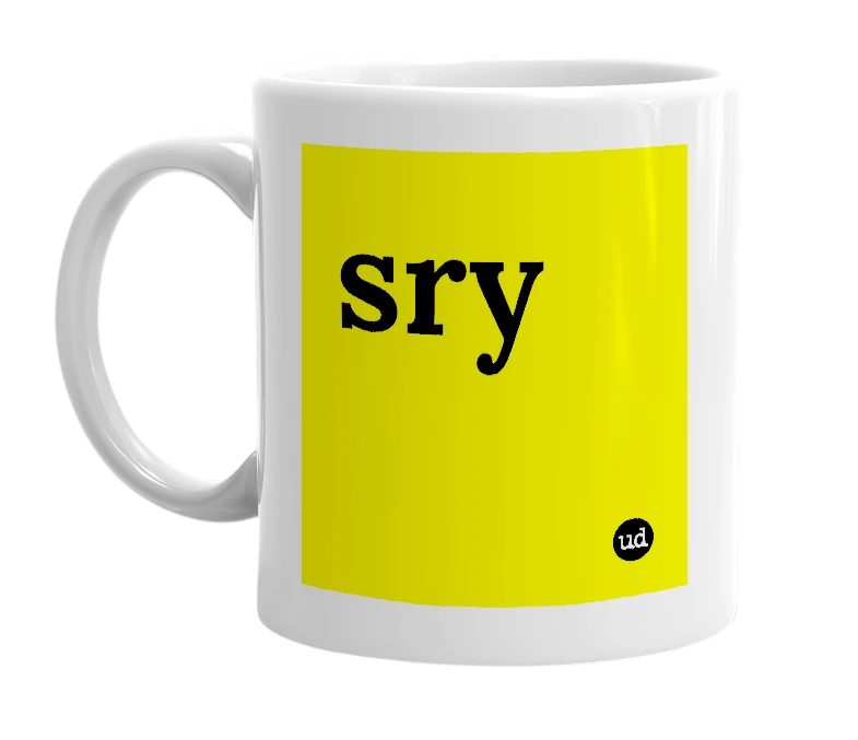 White mug with 'sry' in bold black letters