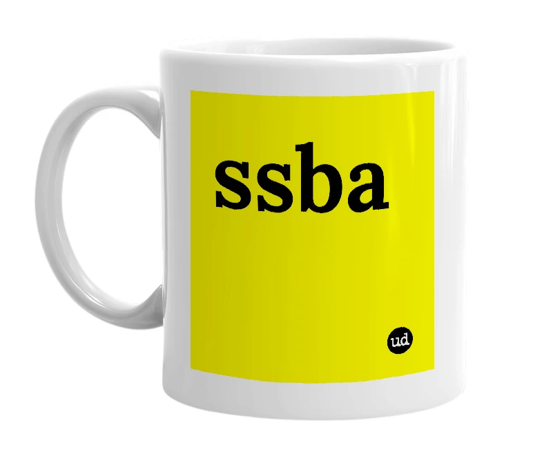 White mug with 'ssba' in bold black letters