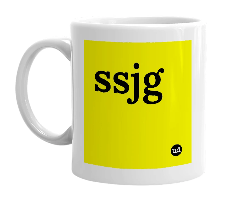 White mug with 'ssjg' in bold black letters