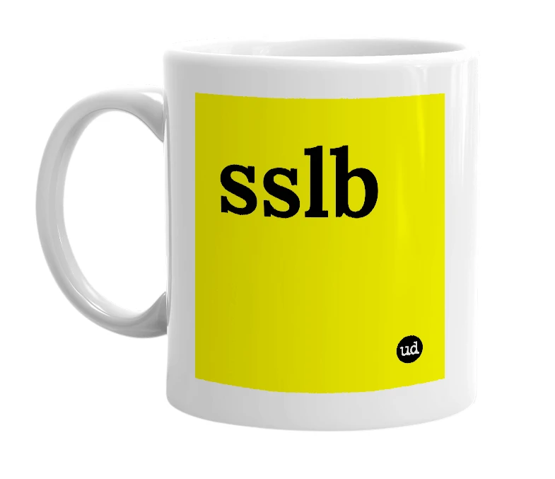 White mug with 'sslb' in bold black letters