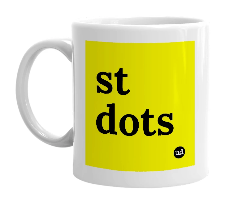 White mug with 'st dots' in bold black letters