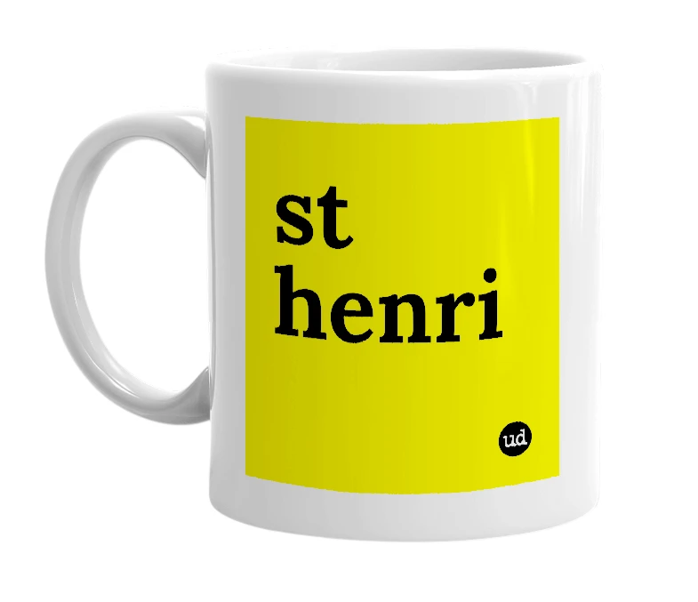 White mug with 'st henri' in bold black letters