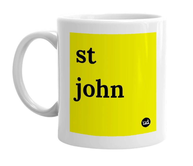 White mug with 'st john' in bold black letters