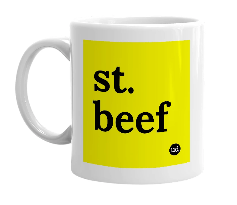 White mug with 'st. beef' in bold black letters