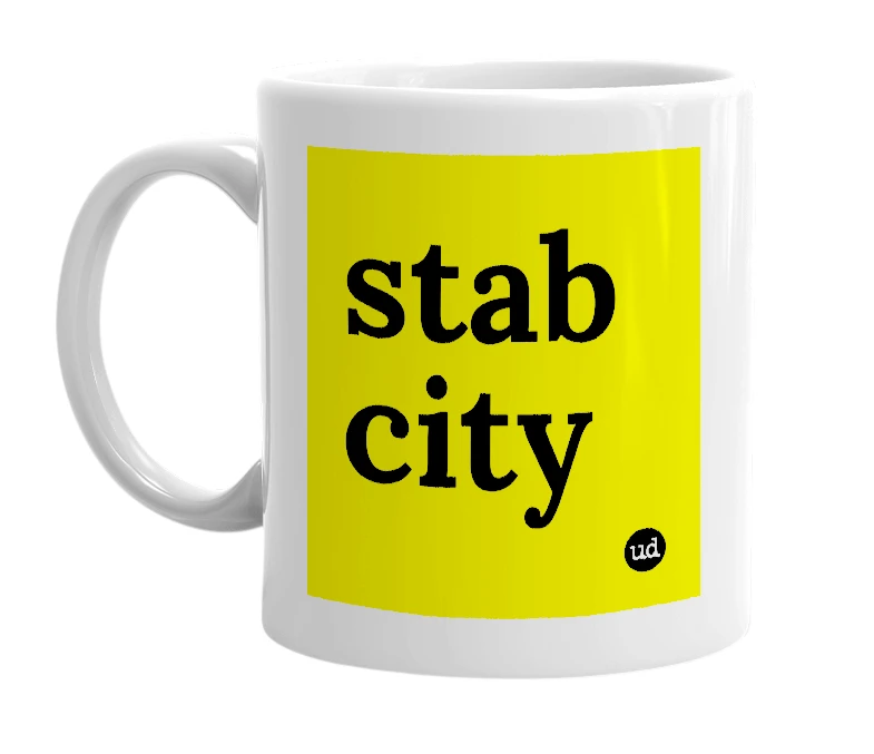 White mug with 'stab city' in bold black letters