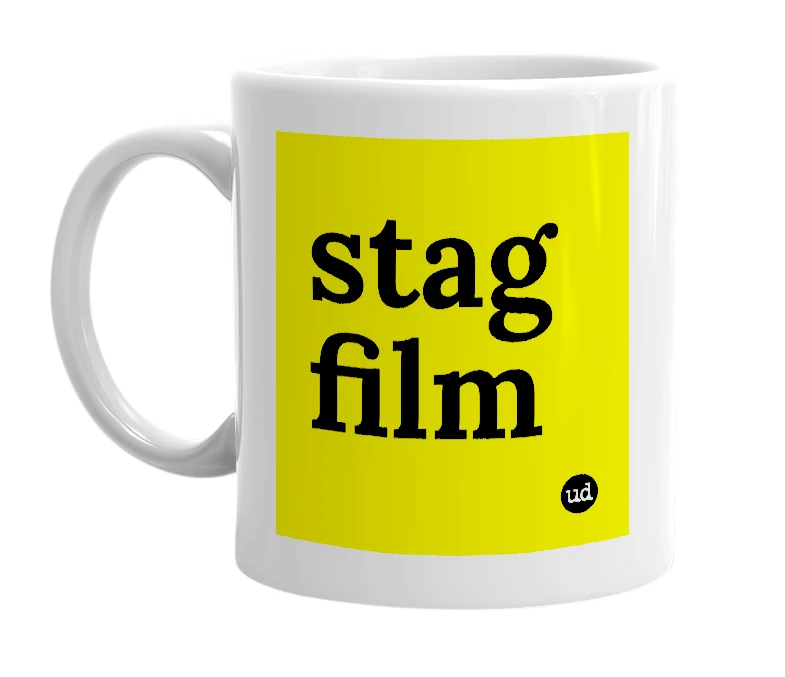 White mug with 'stag film' in bold black letters