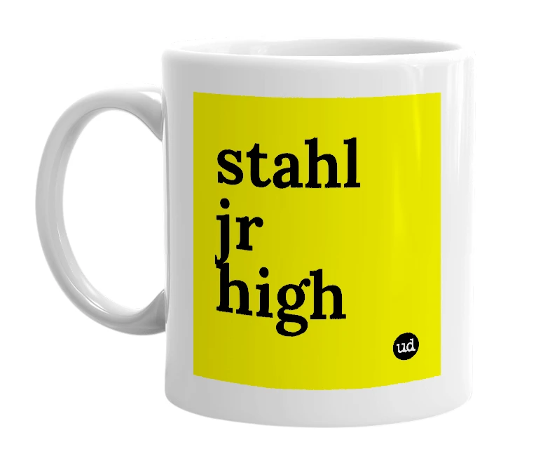 White mug with 'stahl jr high' in bold black letters